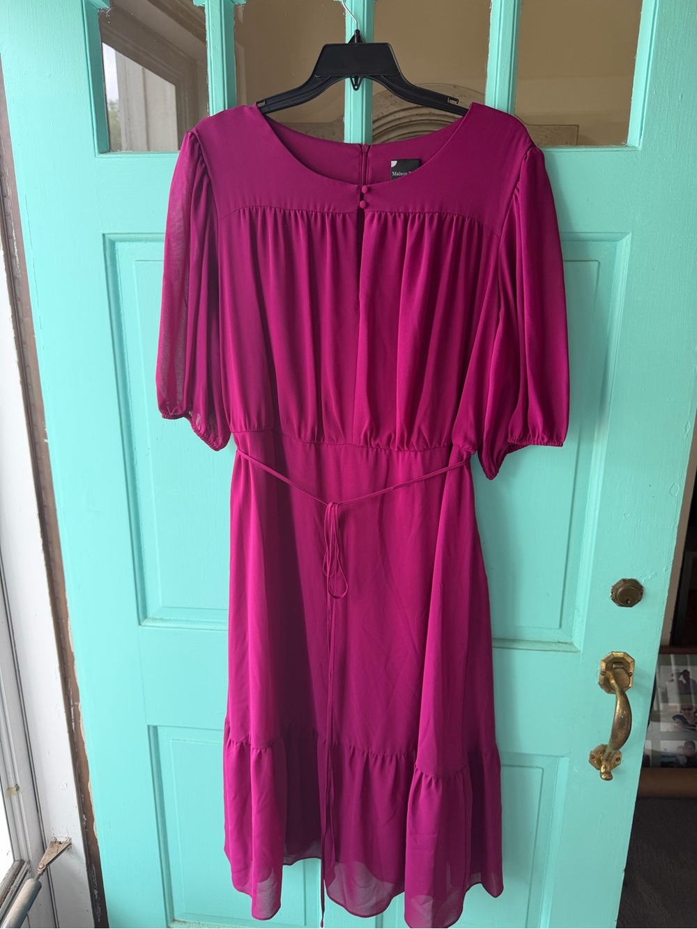 Maison Tara Fuchsia Puff-Sleeve Midi Dress